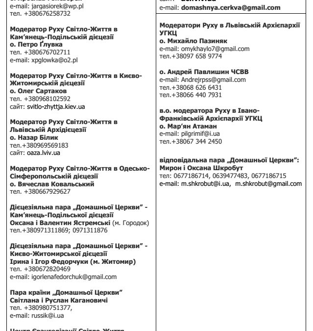 контакти Руху Світло-Життя в Україні